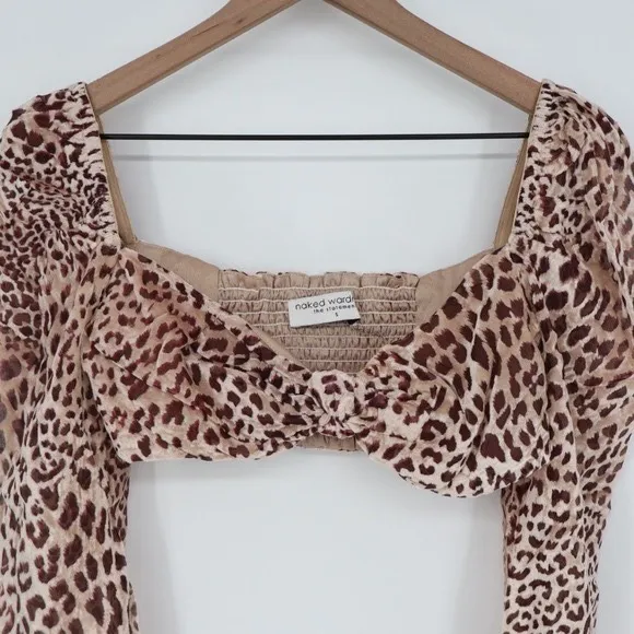 Naked Wardrobe Leopard Print Twist Front Long Sleeve Crop Top Brown Small NWSP20 - Image 3