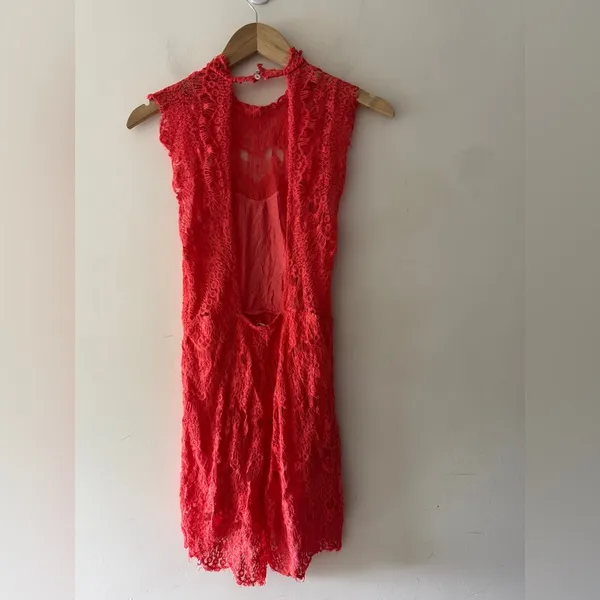 Free‎ People Intimately Daydream Bodycon Slip Lace Dress Coral Pink Plunge Back - Image 5