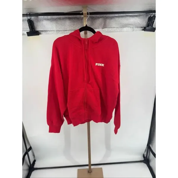 Victoria’s Secret Pink Full Zip Campus Hoodie Drawstring Logo NWT Red M - Image 5