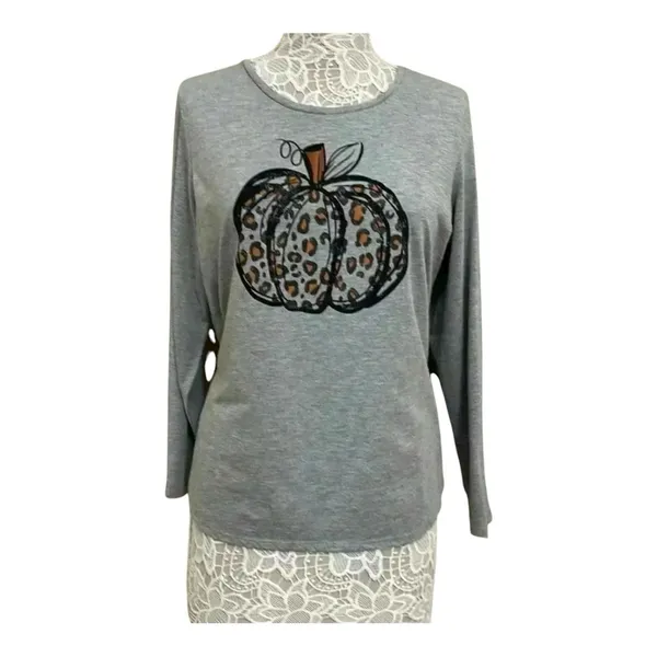 Leopard Print Fall Pumpkin Shirt Size XL Gray - Image 2