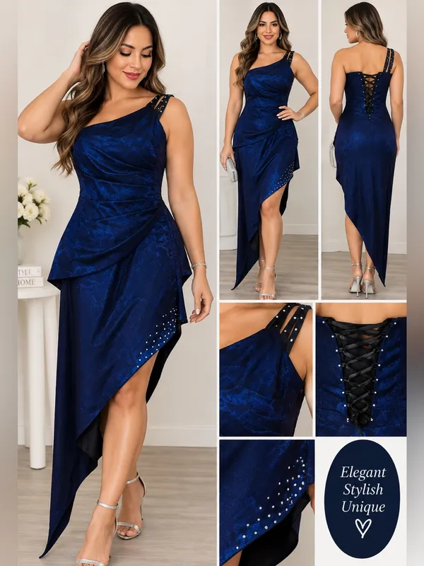 Elegant One-Shoulder Navy Asymmetrical Dress - Image 2