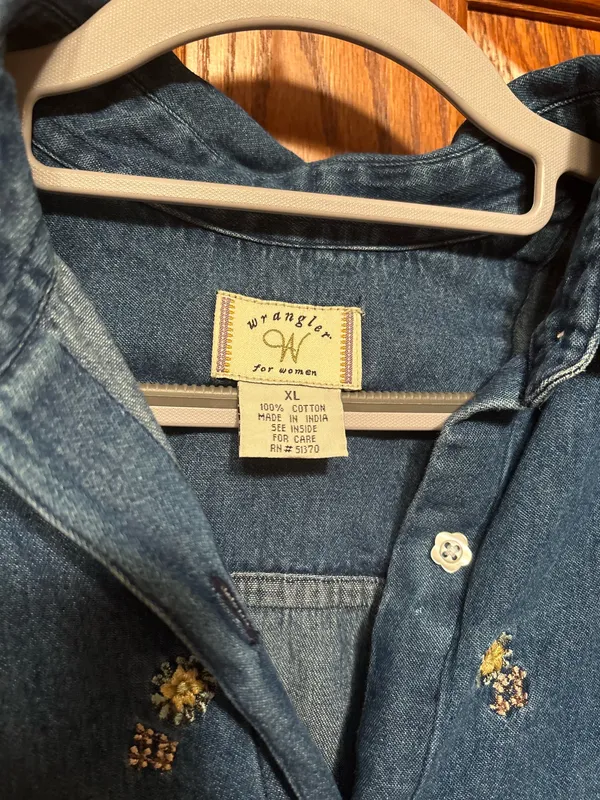 Wrangler Vintage Floral Embroidered Denim Button Down Shirt - Image 4