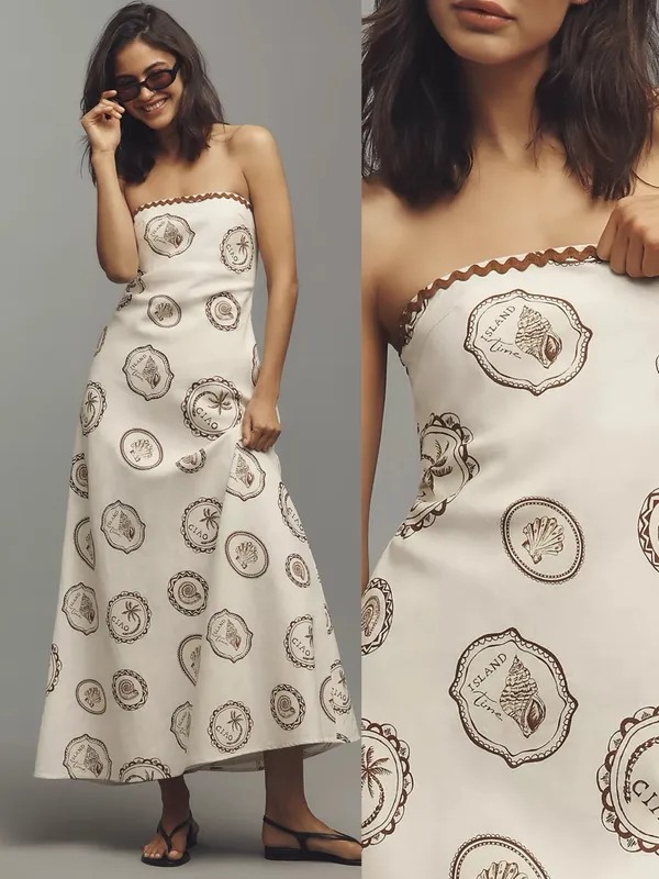 Kivari • Anthropologie Ciao Strapless Maxi Dress white linen print rickrack - Image 2