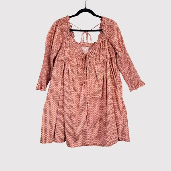 Free People Mini Dress Red Star Dip Smocked Allover Print Loose A Line Large - Image 2