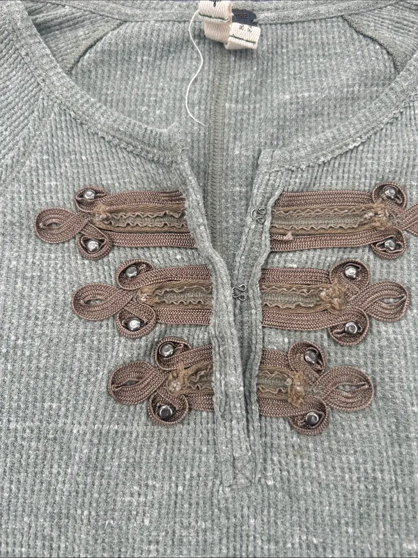 We The Free Free People Thermal Henley Top Olive Green Waffle Knit XS Boho - Image 4