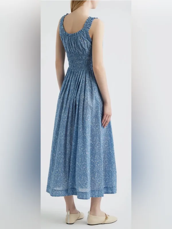 NEW DÔEN Ditsy Floral Organic Cotton Smocked Midi Blue Garden Bloom Dress sz XS - Image 2