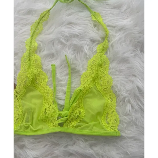 Skims Summer Mesh Lace Plunge Halter Bralette Green Highlighter Size XS - Image 4