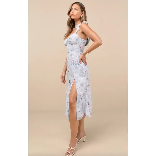 Lulus Delightful Direction Blue Floral Ruffled Tie-Strap Midi Dress Small NWT - Image 4