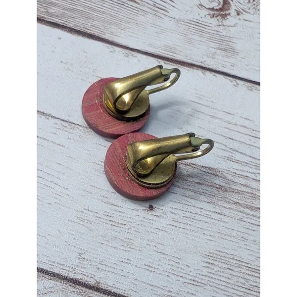 Vintage Clip On Earrings - Wooden? Circle with Pattern 5/8" - Image 4