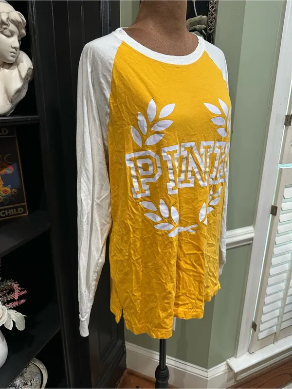 Victoria’s Secret PINK Long‑Sleeve Raglan Campus Tee – Yellow & White – Size Med - Image 4