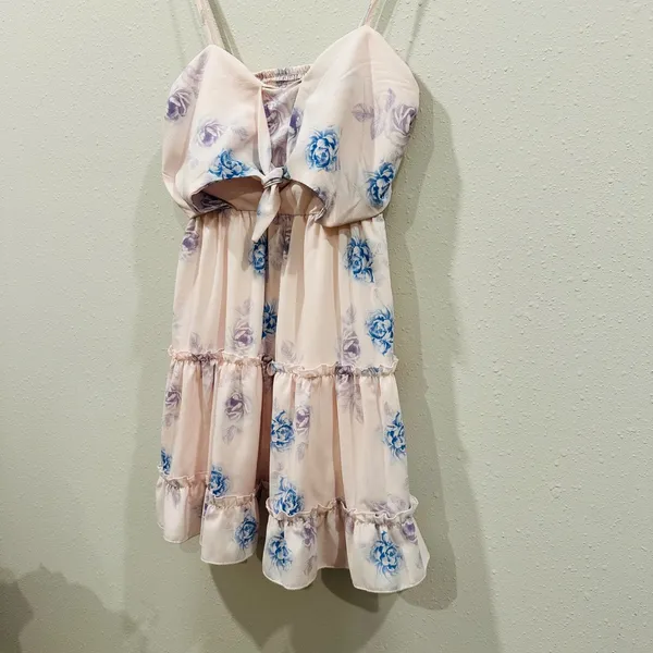Floral Tie Front Tiered Ruffle Mini Dress Pink/Blue Rose Smocked Back Summer - L - Image 4
