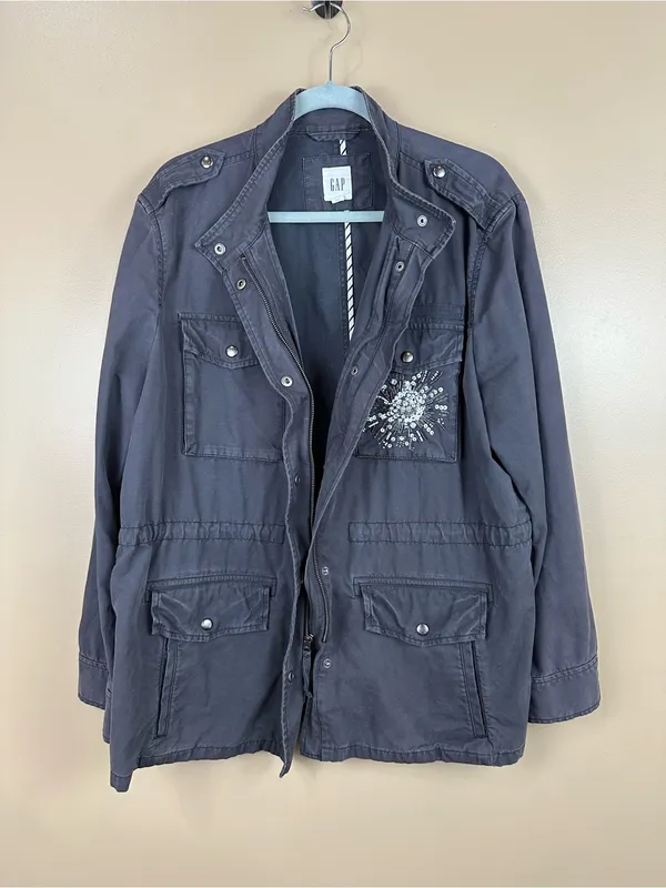 GAP Womens Blue Gray Beaded Sequin Embellished Utility Field Jacket XL - Image 2