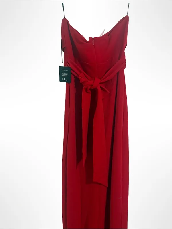 Lulu's Strapless Red Gown with Front Slit - Image 5