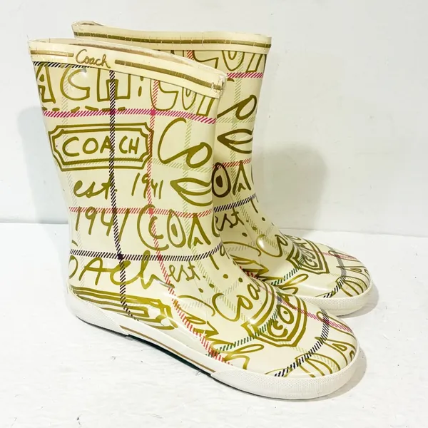 Vintage Coach Ursula Gold Ivory Women’s Waterproof Rain Boots Size 8 - Image 3