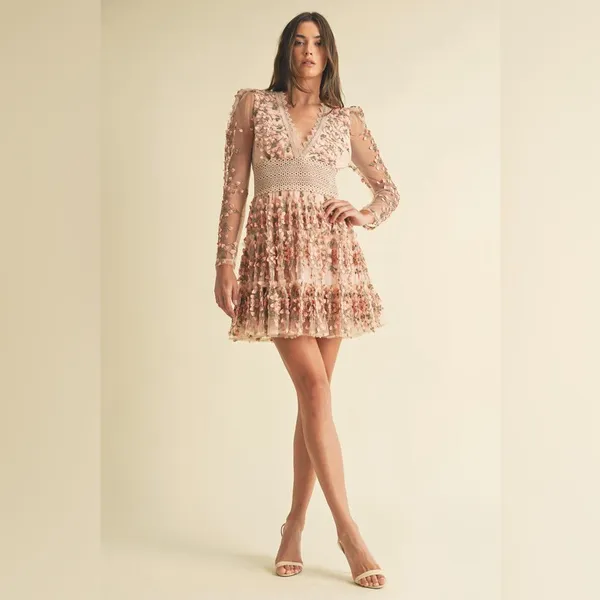 Floral Embroidered Pink Dress - Image 3