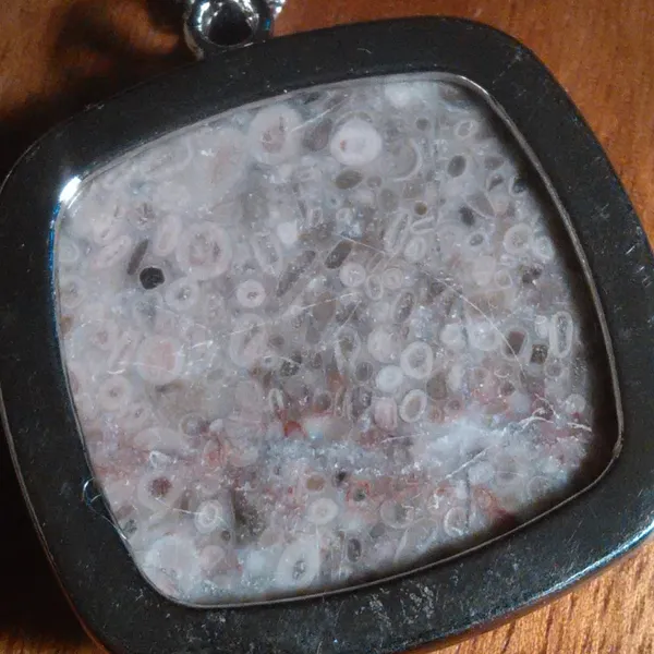 Ocean Fossil Jasper Inlay Frame Silvertone Pendant Stainless Steel Necklace - Image 5