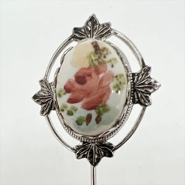 Vintage 1960s Silver Tone Floral Hand Painted Ceramic Plate Stick Pin Brooch - Image 2