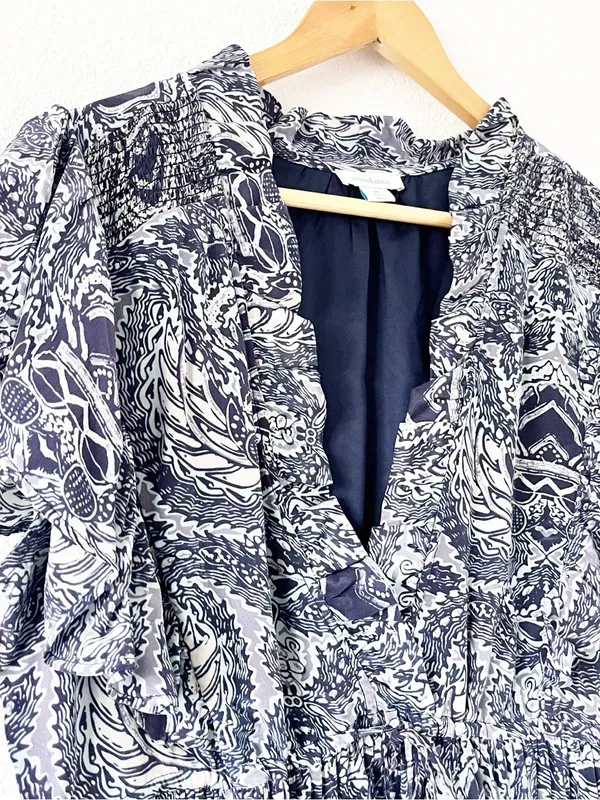 Sundance Paisley Ruffle Boho Viscose Pocketed Blue Print V-Neck Mini Dress - Image 4
