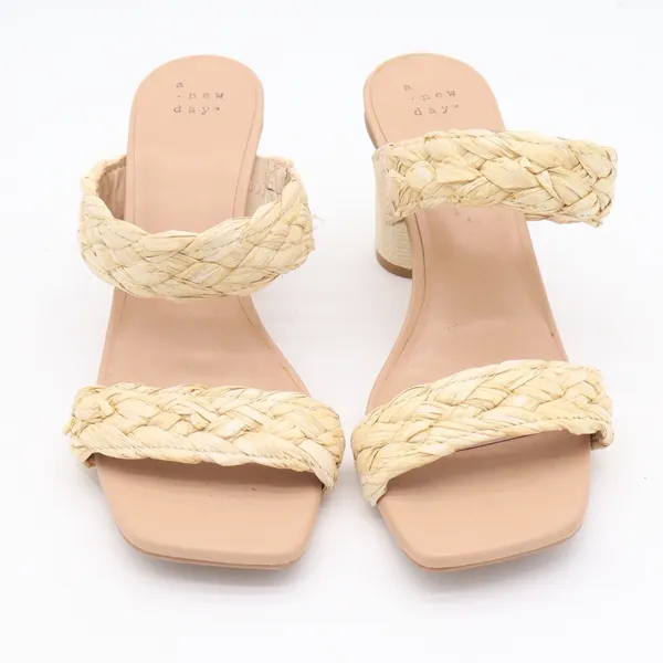 A New Day Braided Raffia Block Heel Mules Beige Square Toe Sandals Womens Size 8 - Image 3