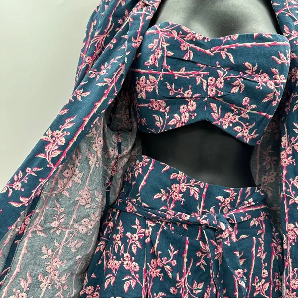 Free People Poolside Navy Blue & Pink Floral 3 Piece Set Sz‎ L - Image 6