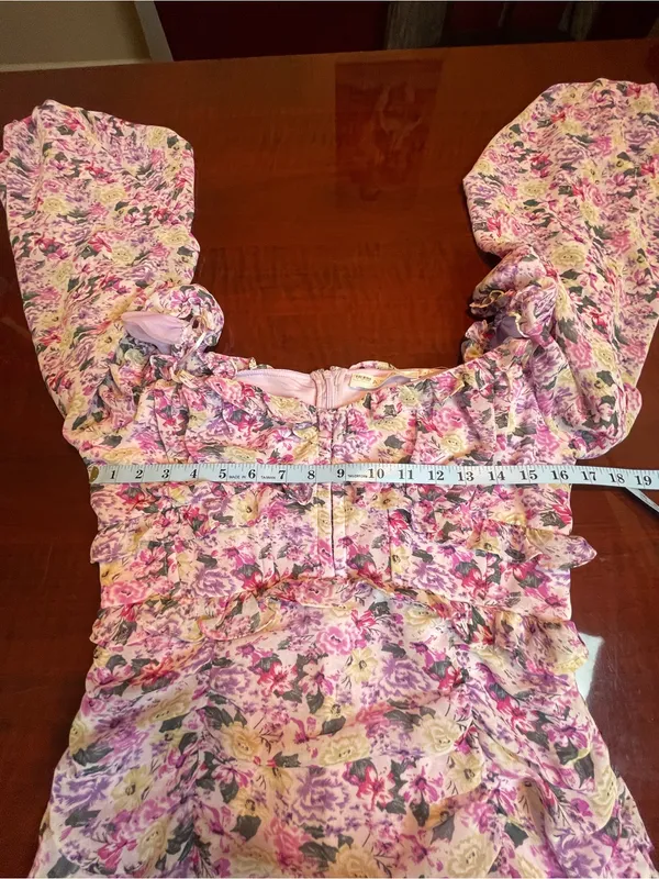 ASTR The Label Floral Ruched Puff Sleeve Mini Dress Purple Sz L Fairy Whimsical - Image 6