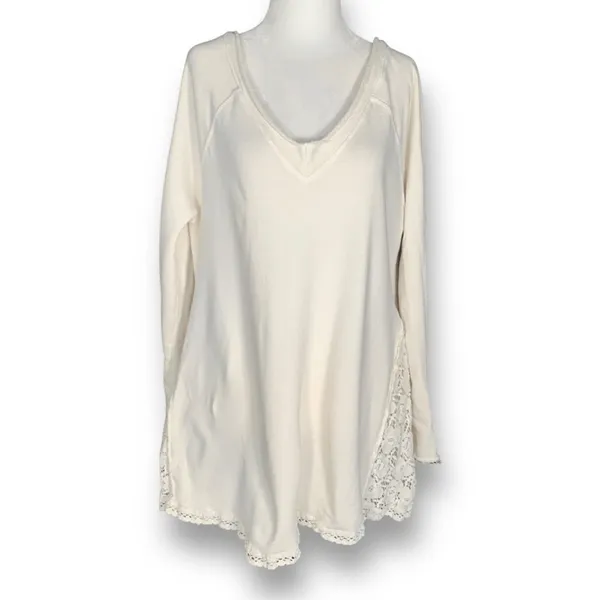 Free People No Frills Pullover Top Cream Lace Insert Vneck Sweatshirt‎ Small - Image 3