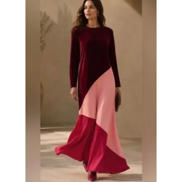 NEW Tuckernuck Silk-Blend Velvet Colorblock Maxi Dress Red Pink Size Medium - Image 2