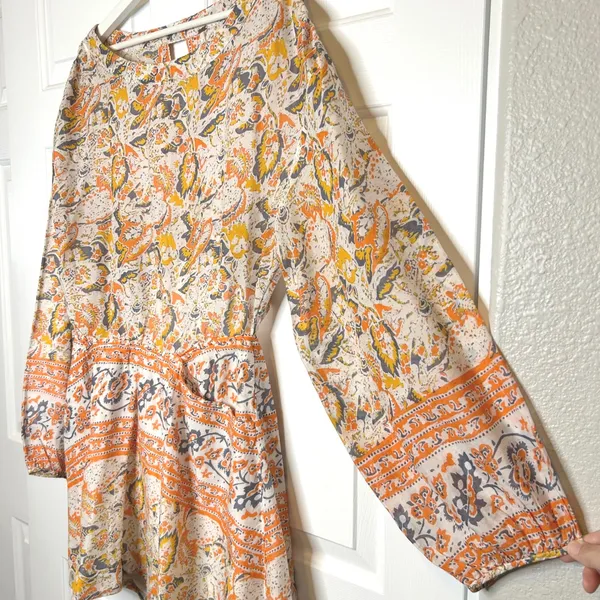 Free People Sun Print Paisley Cutout‎ Mini Dress Orange Yellow Gray Size M - Image 4