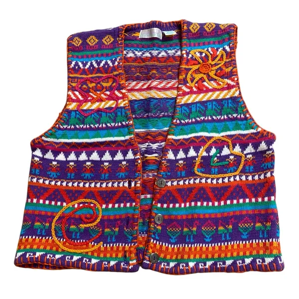 Unique Vintage Rainbow 3D Knit Embroidered Button Up Sweater Vest Grannycore - Image 2