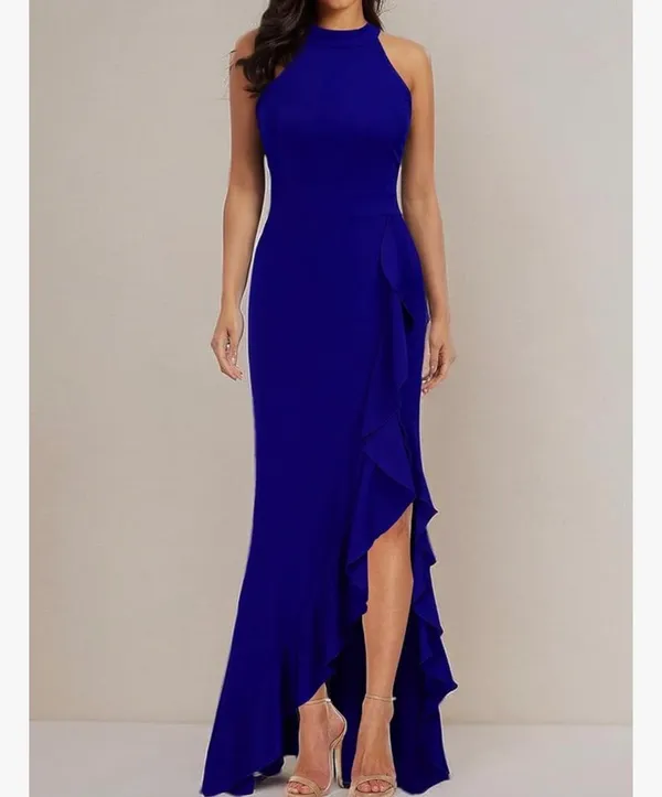 WOOSEA Royal Blue High Neck Ruffle Split Bodycon Mermaid Evening Dress size S - Image 3