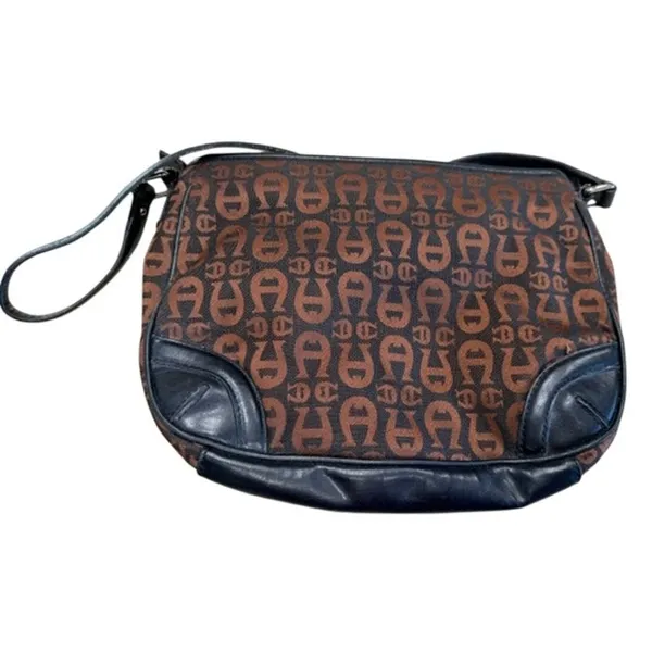 Etienne Aigner Brown Black Logo Canvas Shoulder Bag Monogram Purse - Image 4