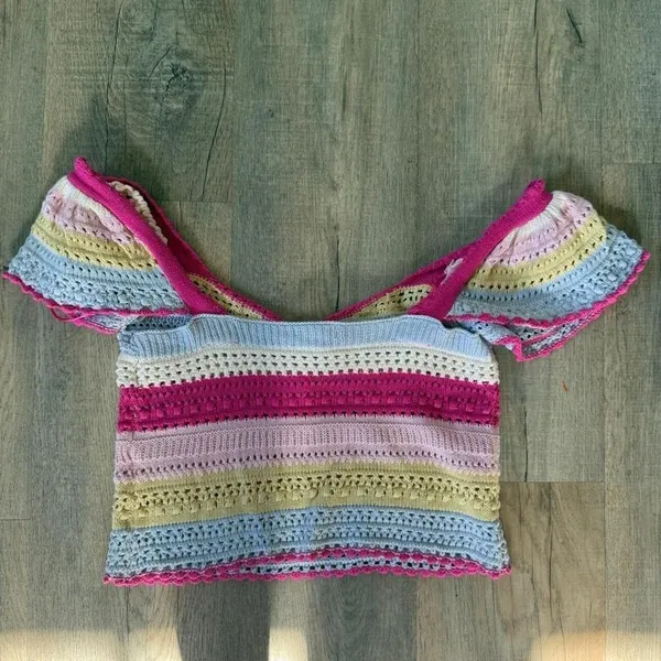 Sincerely Jules‎ Striped Crochet Crop Top Off Shoulder Ruffle Sleeve Pink Yellow - Image 5