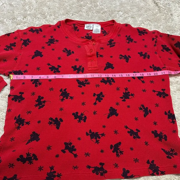 Vintage 90s Disney Store Red Waffle Knit Christmas Mickey Mouse Henley Womens - Image 4