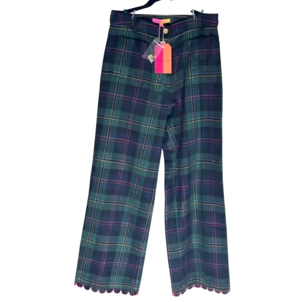 Vilagallo Tartan Plaid Scallop Hem Pants Pink Trim NWT 38 US 8 - Image 2