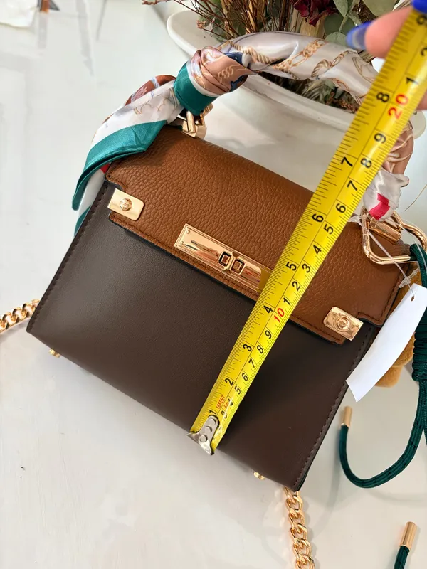 ALDO Brown Top Handle Satchel Handbag Scarf Charm Gold Chain Preppy Chic Quiet Luxury - Image 12