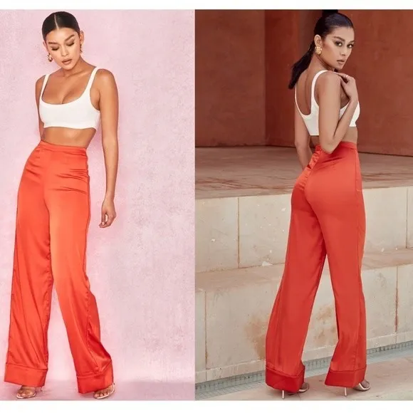 House of CB Ayain Wide Leg Pants Womens S Dark Orange Satin High Rise‎ Trousers - Image 2