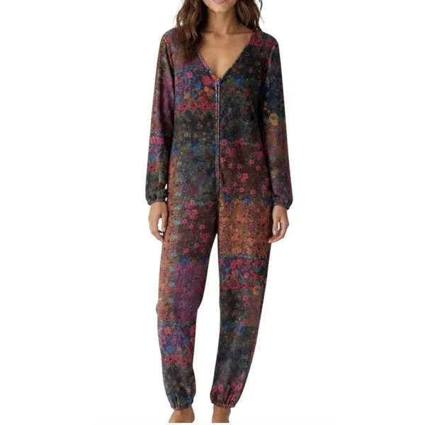 Natural Life Floral Soft Fleece Pajama Jumpsuit Large Zip-up Boho Cozy Colorful - Image 3