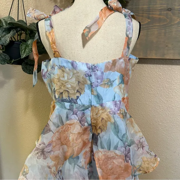 NWT Lulus Playfully Posh Blue Floral Organza Tie-Strap Tiered Midi Dress - Image 6