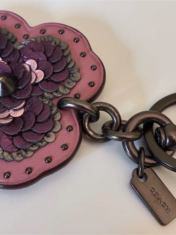 Coach Leather Sequin Applique Tea Rose Key Ring Bag Charm, Pink / Purple, 32677 - Image 13