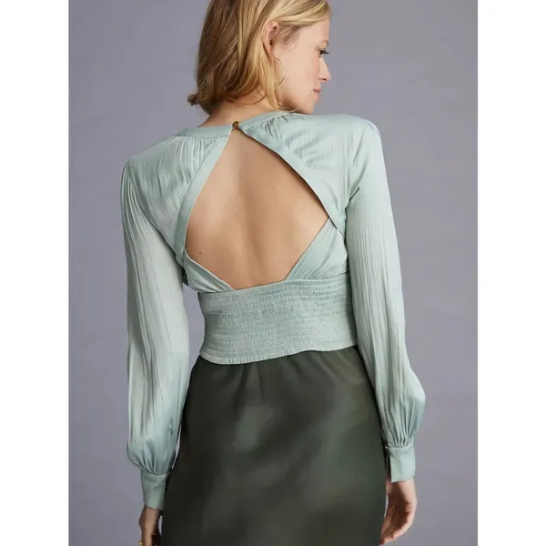 Anthropologie Sage Green Pleated Satin Open Back Blouse XXS Balloon Sleeve - Image 2