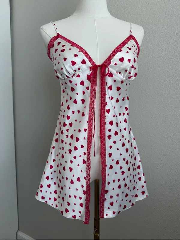 Y2K Victoria’s Secret Heart Print Fly Front Babydoll Slip Dress Lace Trim XS - Image 2