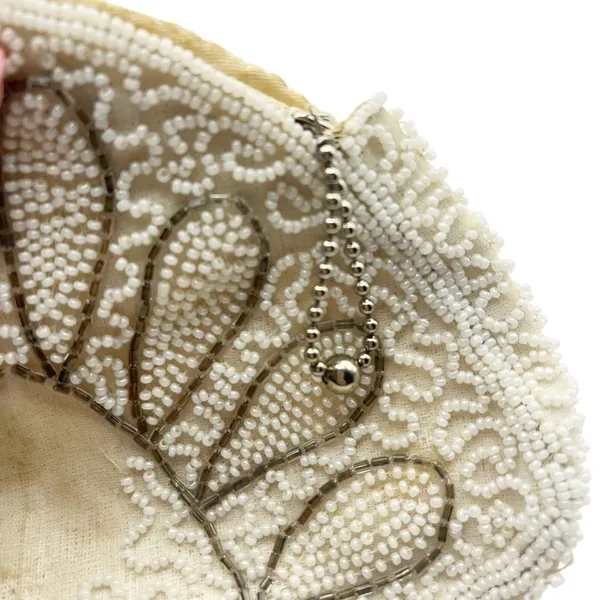 Vintage Hand Beaded Art Deco Clutch Wristlet Half Moon Shell Shape Ivory Bell - Image 6