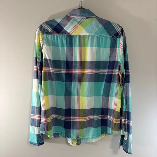 American‎ Eagle Outfitters Teal Plaid Button Down Shirt Womens Large L/G Cotton - Image 3