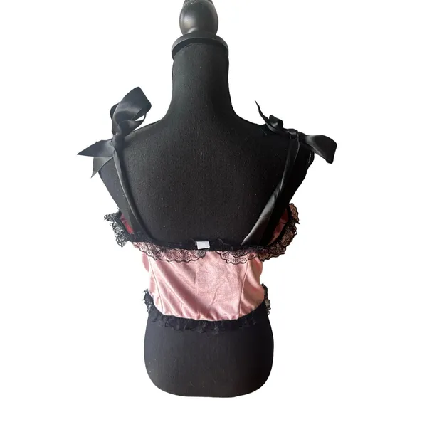 Goth Velvet Pink Black Lace Frill Cami XL Corset Style Sweetheart Top Chic - Image 2