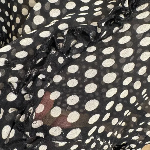 SilkLand Vintage Y2K Black White Polka Dot 100% Silk Ruffle Sheer Top XL - Image 7