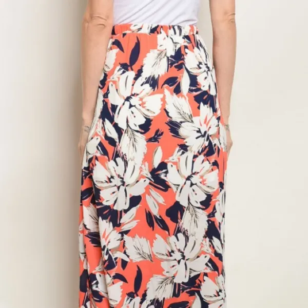 Floral Maxi Skirt Coral Navy High Waist Elastic Waist Side Slit Size Small - Image 4