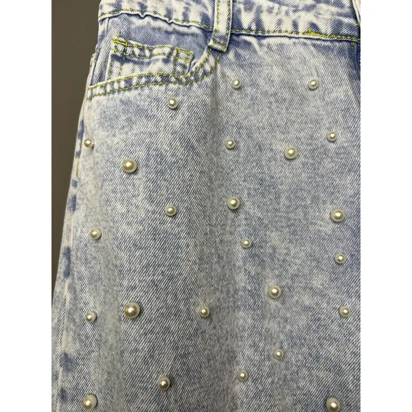 Jeans Womens M Blue Acid Wash High Rise Pearl Beaded Straight Denim Pants - Image 4