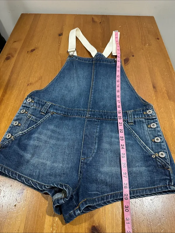 Free People Blue Denim Short Overalls with White Straps - Image 8