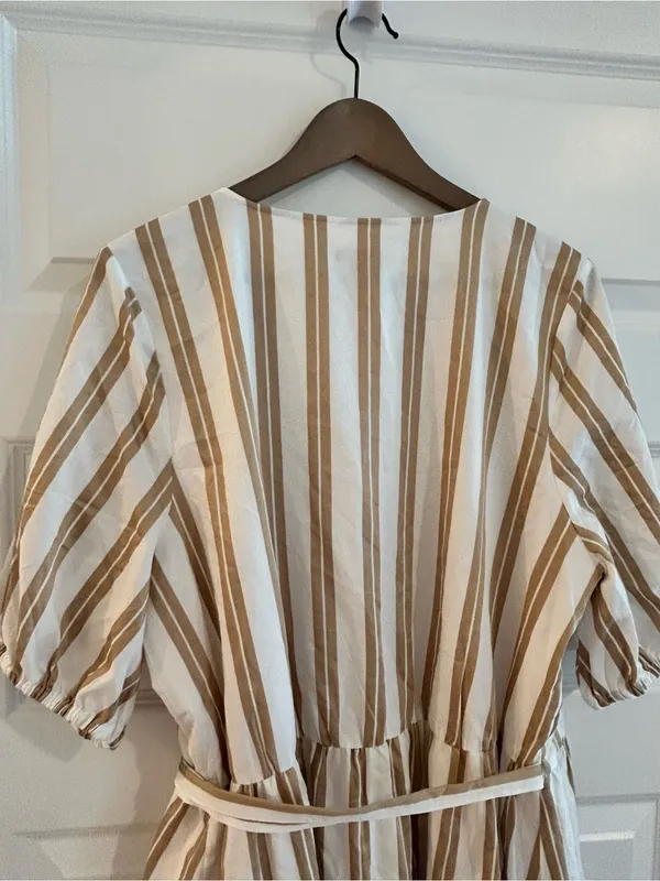 Ann Taylor Striped Wrap Dress Puff Sleeves Tan White Size XXL - Image 11