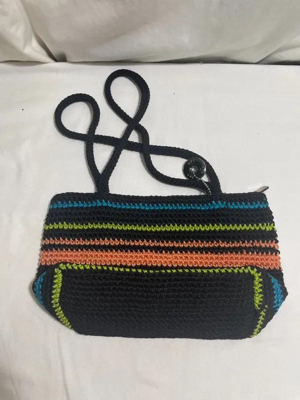 The Sak Crochet Knit Shoulder Bag Black Multicolor Striped Zip Boho Handbag - Image 6